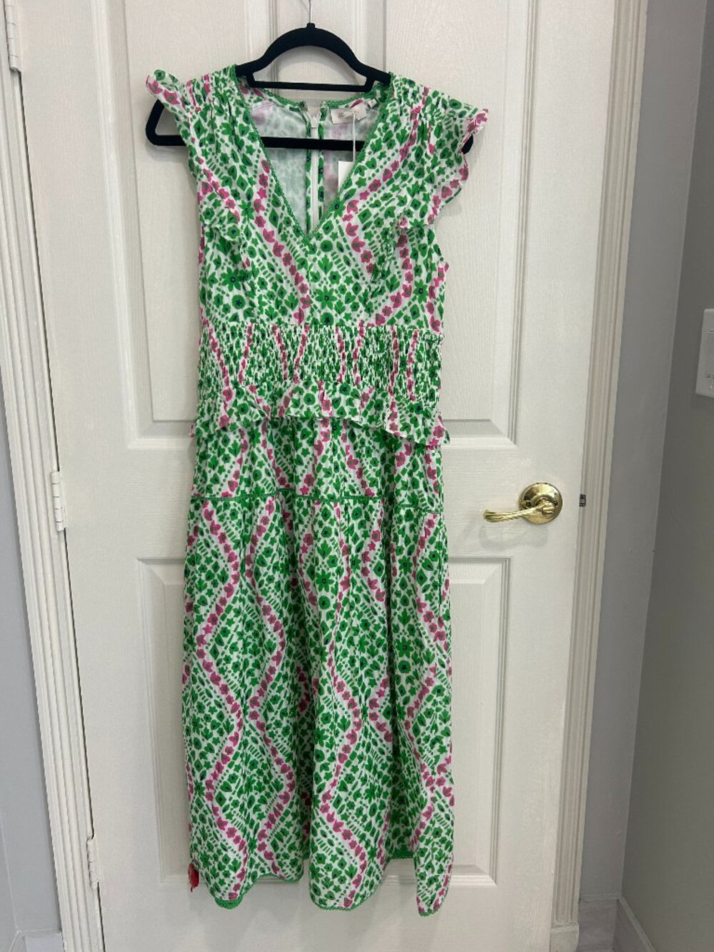 Banjanan Keira Midi Dress Athena Heart Kelly Print Ruffled Smocked Cotton M NWT